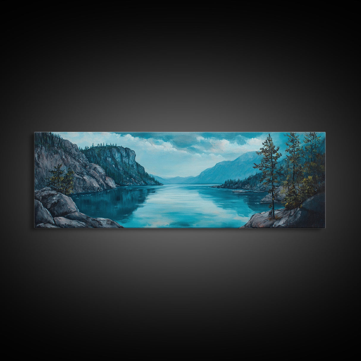 Tranquil Lake Landscape Wall Art, Blue Nature Painting, Rustic Lodge Decor, Large Wide Artwork, Living Room Wall Art