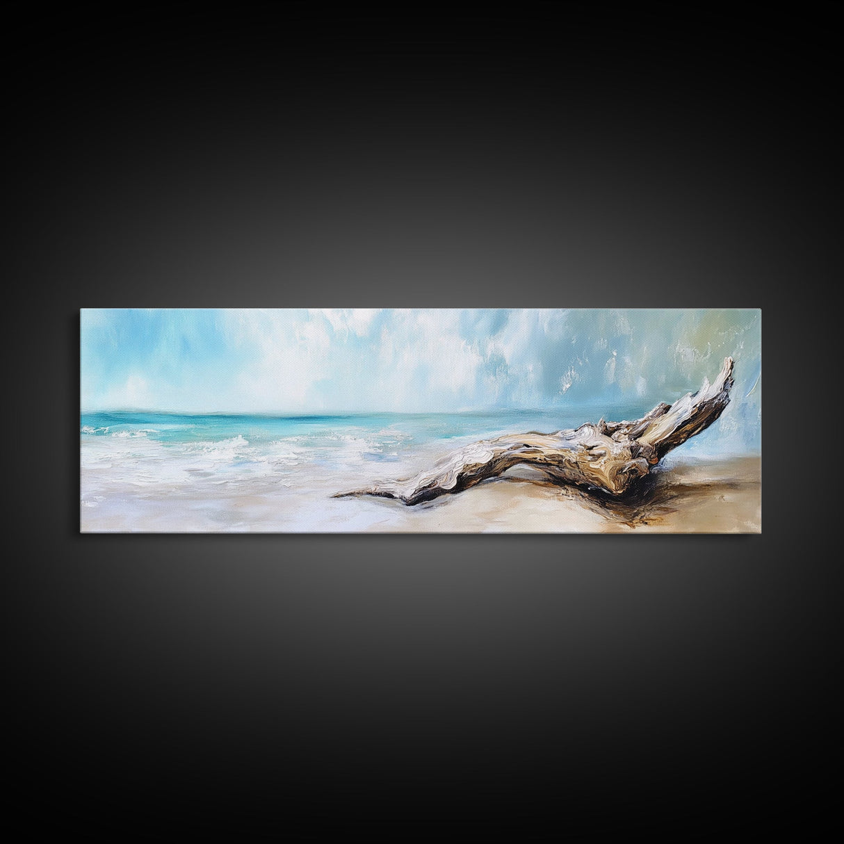 Driftwood on the Beach, Tranquil Coastal Landscape Wall Art, Serene Ocean Painting, Minimalist Seascape Decor, Relaxing Artwork