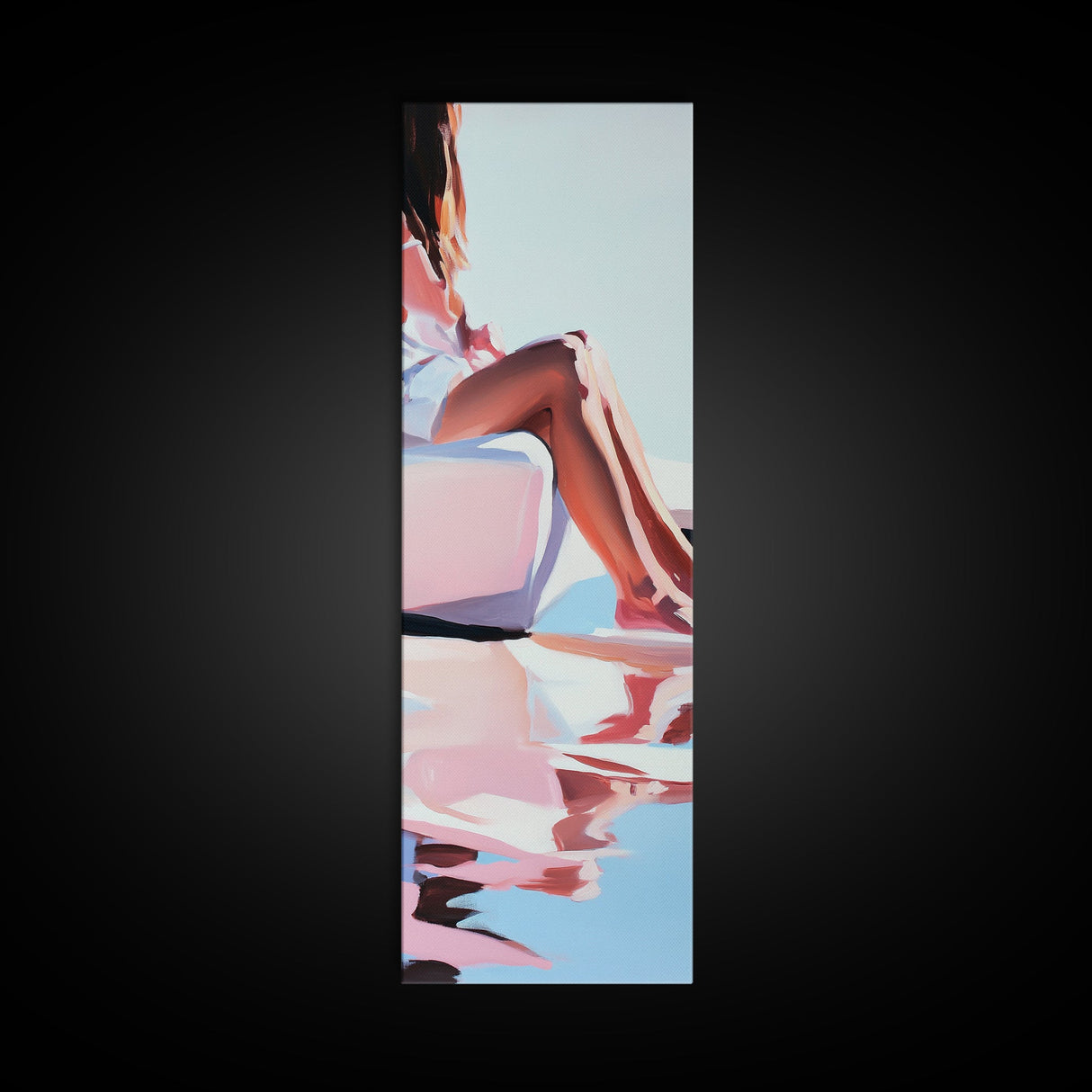 Sunlit Poolside, Elegant Woman Art, Minimalist Feminine Decor, Summer Painting, Warm and Serene Aesthetic, Framed Canvas Print