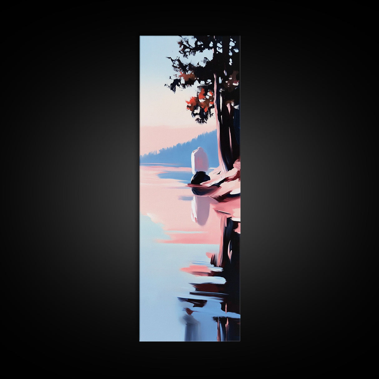Lakeside Serenity, Moody Nature, Framed Canvas Print, Contemporary Wall Art, Blue and Pink Painting, Living Room Wall Art