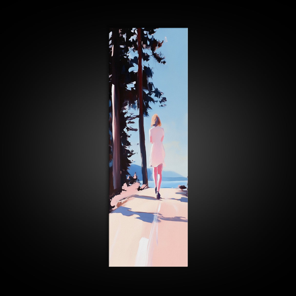 Walking Alone, Pink Dress, Scenic Art, Framed Canvas Print, Minimalist Wall Art, Nature Painting, Bedroom Decor, Boho Art, Gift