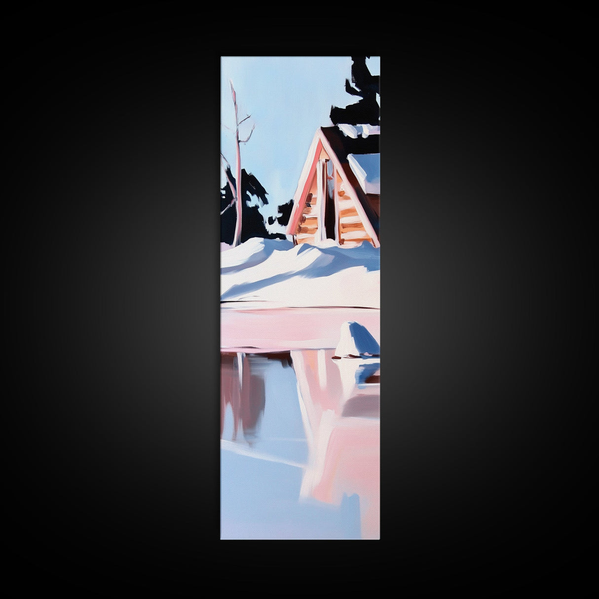 Winter Cabin, Snowy Reflections, Framed Canvas Print, Cozy Rustic Wall Art, Nordic Aesthetic, Minimalist Landscape, Bedroom Decor