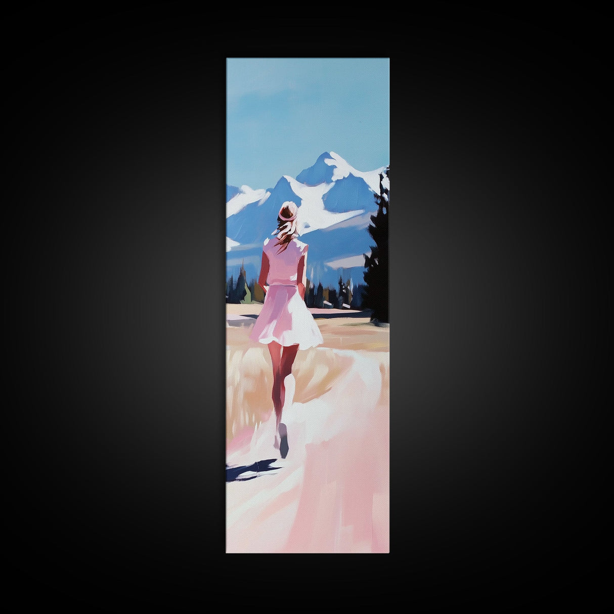 Mountain Runner, Pink Dress, Scenic Landscape Art, Framed Canvas Print, Minimalist Wall Art, Nature Lover, Bedroom Wall Art