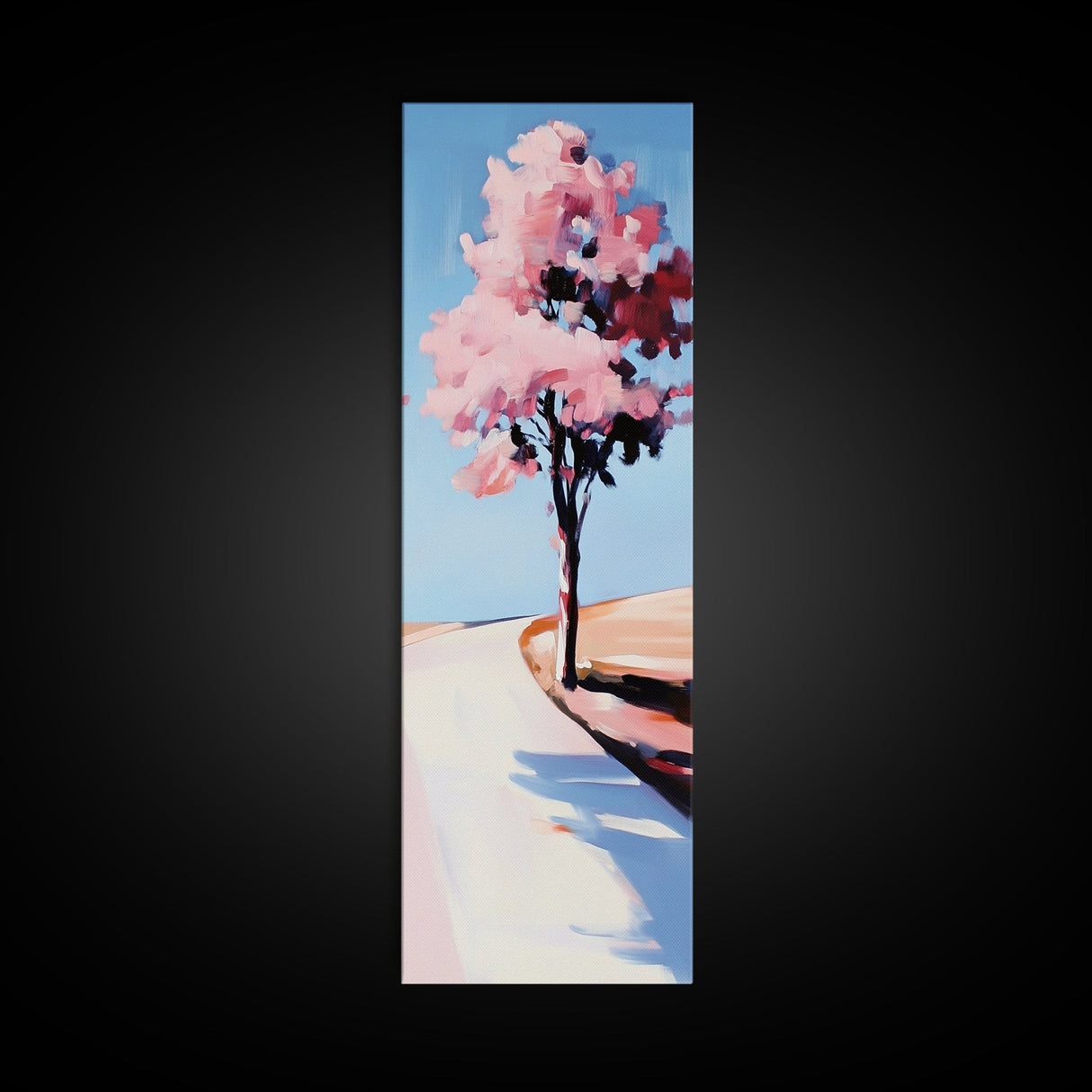 Cherry Blossom Tree, Serene Landscape Painting, Romantic Pink Art, Tranquil Nature Decor, Spring Home Decor, Framed Canvas Print