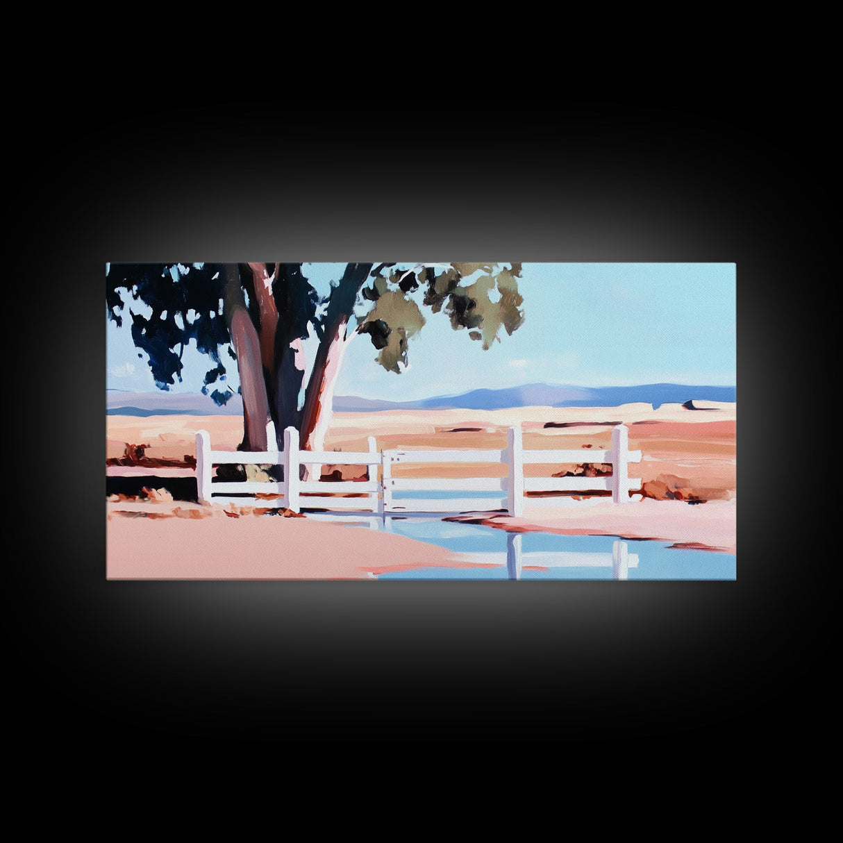 White Fence, Pastoral Landscape Print, Rustic Country Art, Framed Canvas Print, Minimalist Home Decor, Living Room Wall Art
