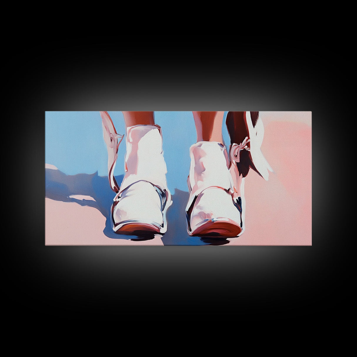 White Cowboy Boots, Western Fashion, Feminine Cowgirl Art, Stylish Wall Decor, Framed Canvas Print, Pink and Blue Aesthetic