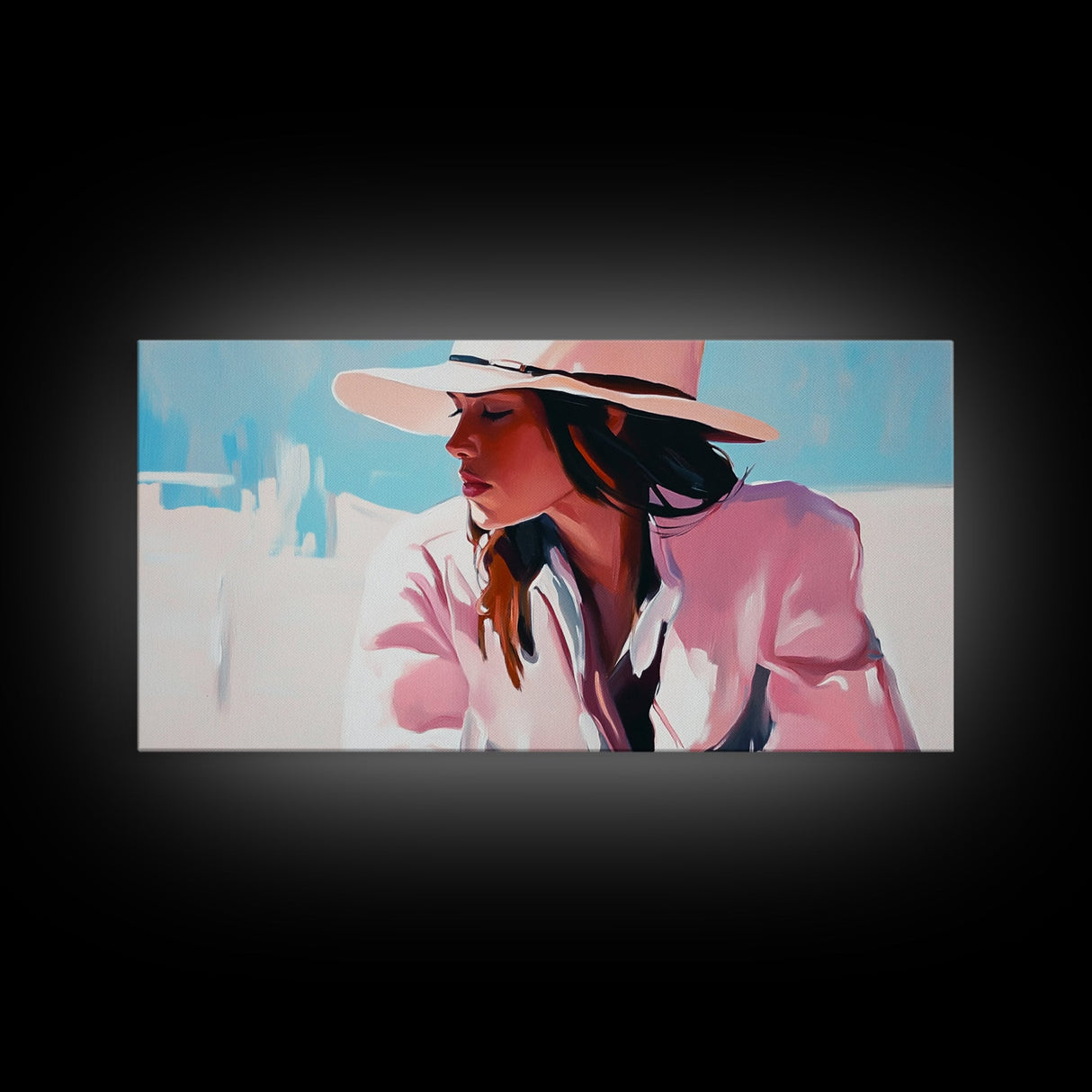 Woman, Sun Hat, Beach, Framed Canvas Print, Fashion Art, Minimalist Style, Boho Home Decor, Coastal Chic, Pastel Summer Painting