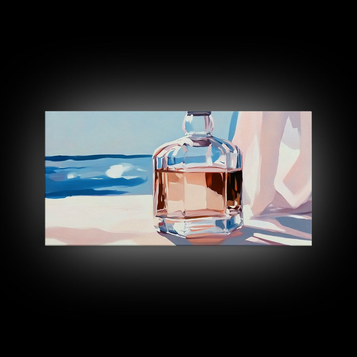Glass Bottle, Ocean View, Beach House Decor, Coastal Aesthetic, Elegant Still Life, Framed Canvas Print, Pastel Home Decor, Tranquil Art