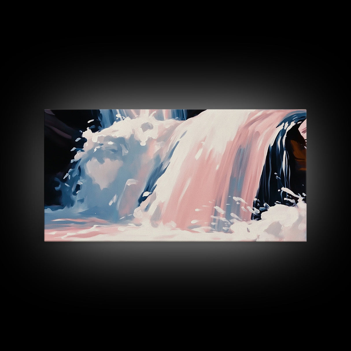Waterfall Scene, Nature Wall Art, Serene Landscape Art, Modern Minimalist Print, Blue and Pink Tones, Framed Canvas Print, Living Room Art