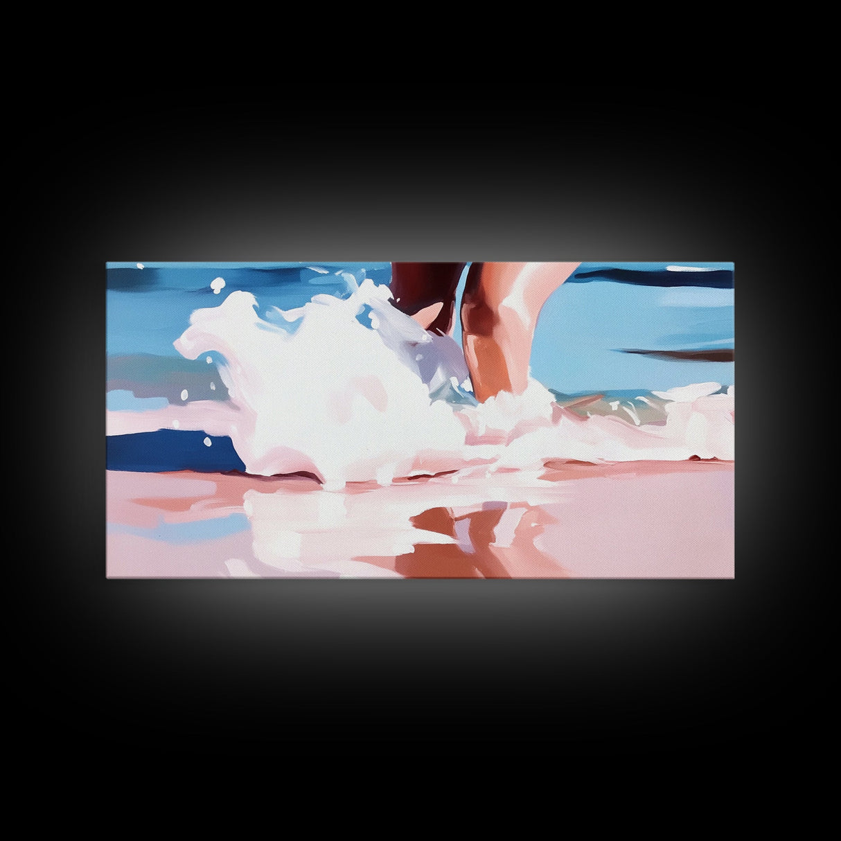 Ocean Waves, Coastal Beach Art, Water Splash Photography, Summer Boho Print, Blue and Pink Pastel Tones, Framed Canvas Print, Bathroom Art