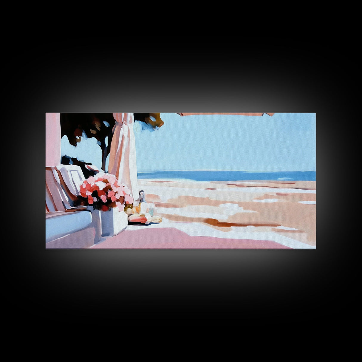 Beachside Terrace, Relaxing View, Oceanfront Art, Canvas Print, Coastal Home Decor, Nautical Painting, Living Room Wall Art, Blue Art