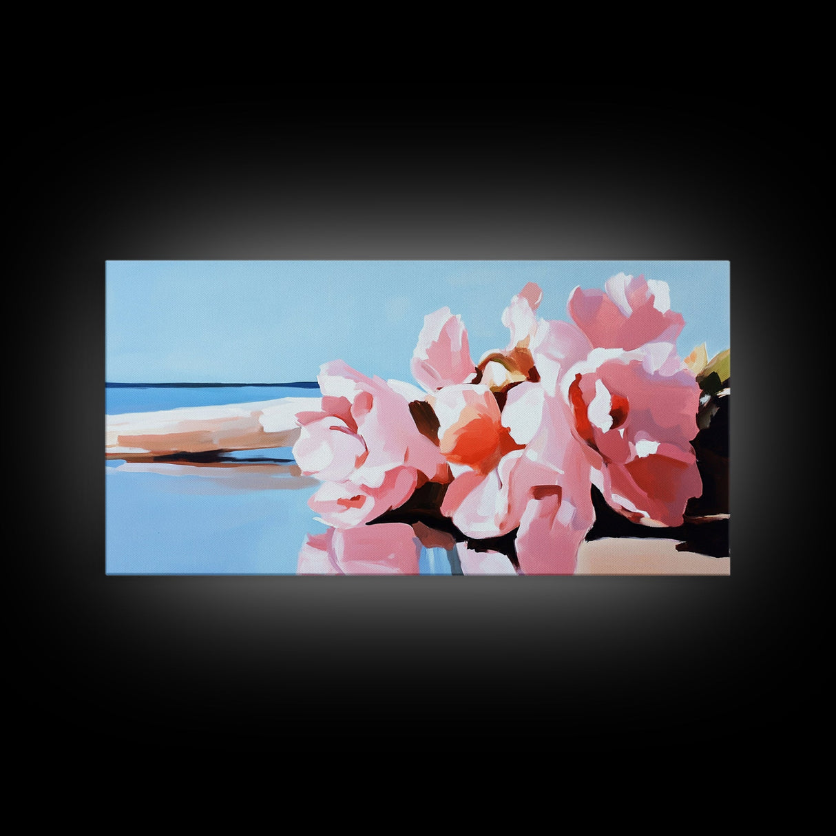 Beach Flowers, Coastal Art, Pink Peonies, Seaside Decor, Framed Canvas Print, Living Room Wall Art, Romantic Art, Boho Aesthetic