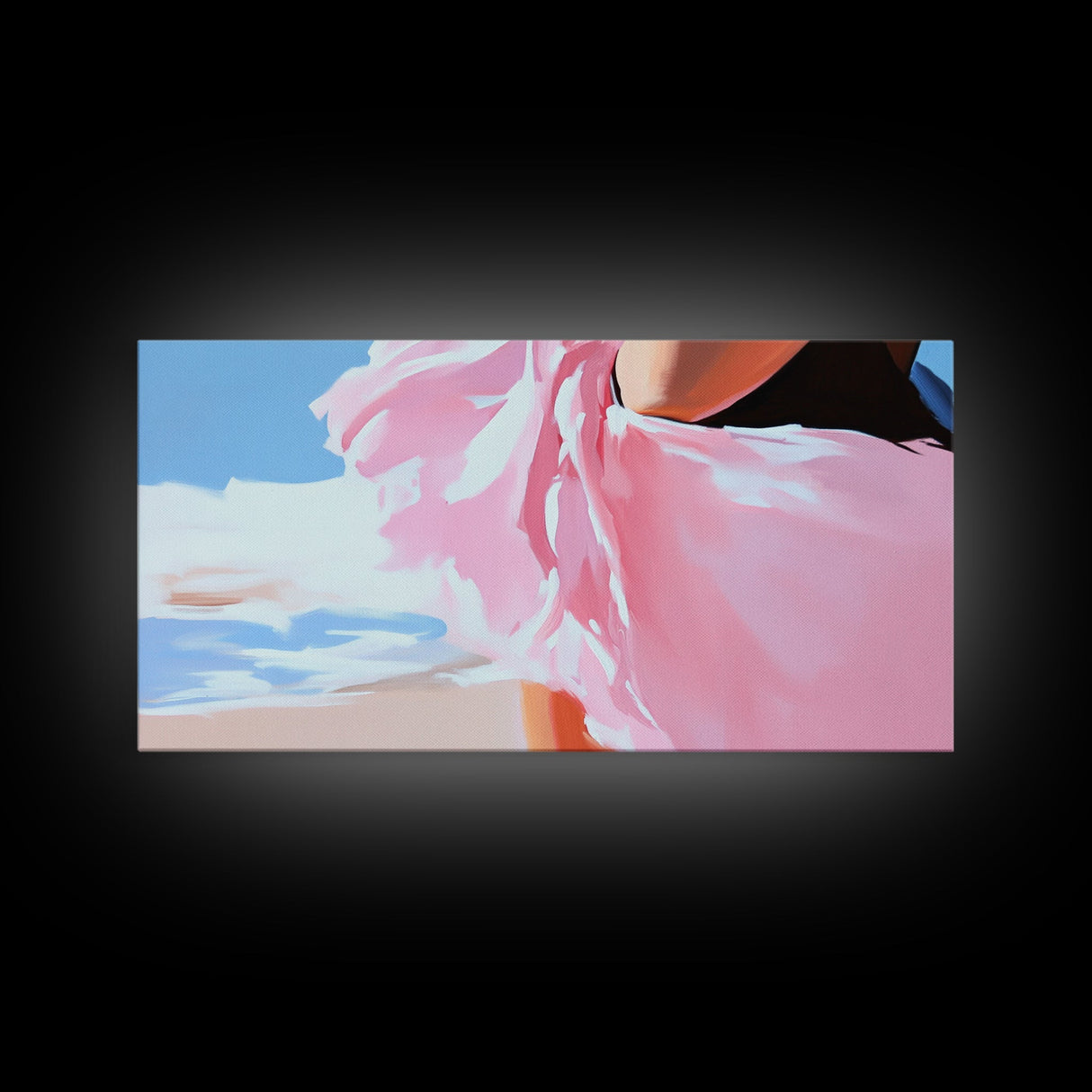 Flowing Dress, Beach Wind, Feminine Elegance, Fashion Wall Art, Framed Canvas Print, Ocean Breeze, Modern Home Decor, Soft Pink Aesthetic