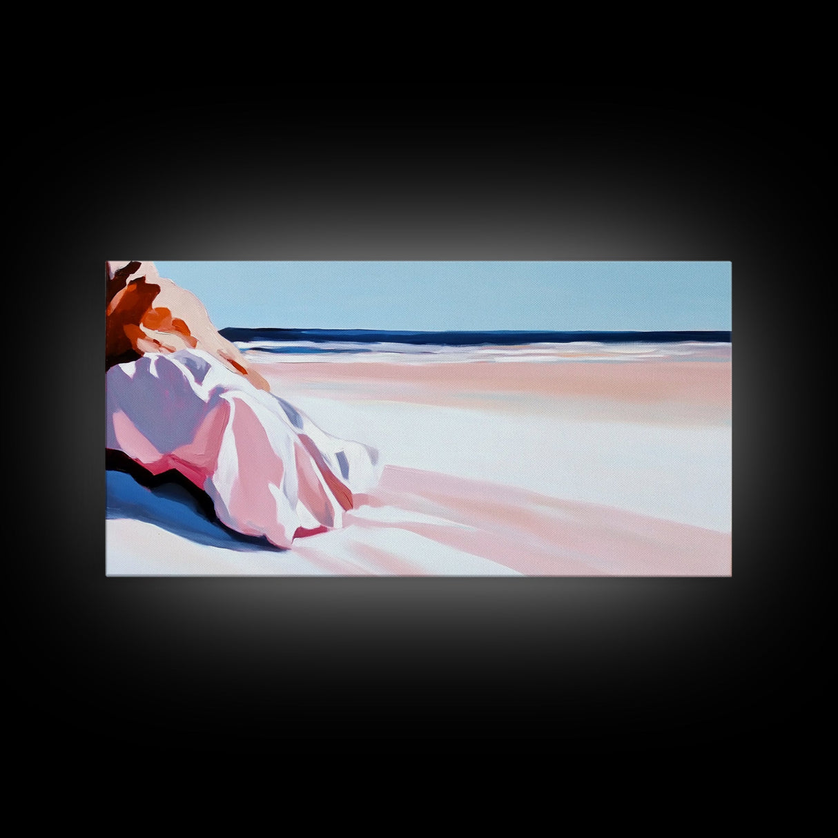 Woman in Pink, Beachside Relaxation, Canvas Print, Summer Aesthetic, Feminine Wall Art, Minimalist Seascape, Pastel Color Palette