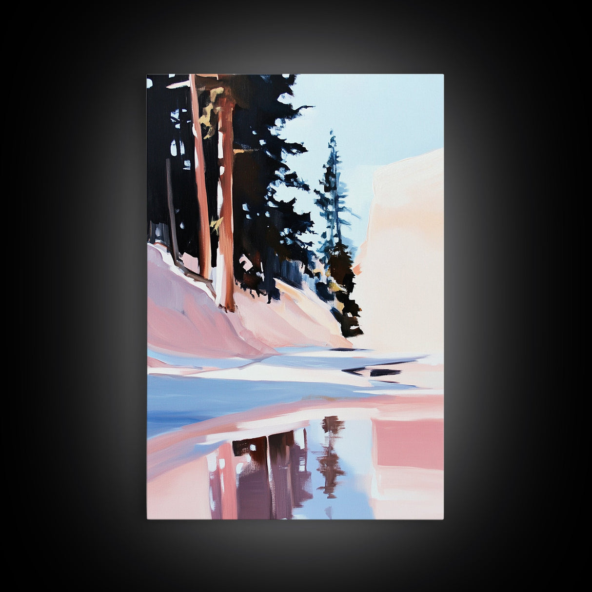 Snowy Pines, Winter Wonderland, Forest Reflection, Canvas Print, Cozy Cabin Decor, Christmas Wall Art, Minimalist Landscape Painting