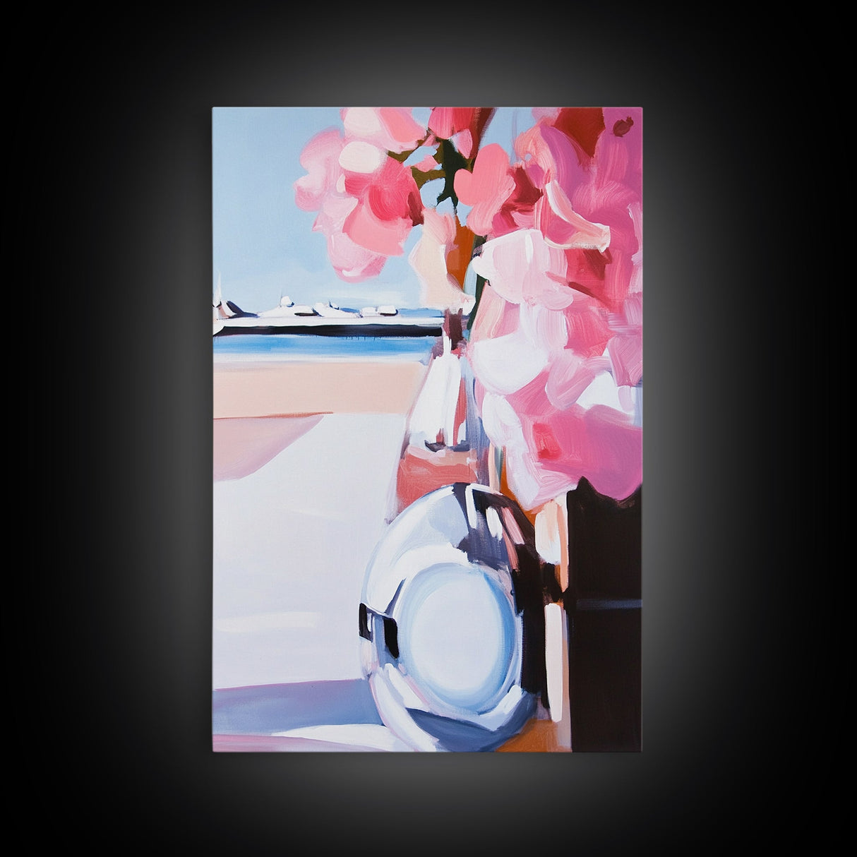 Hydrangea Vase, Coastal Painting, Framed Canvas Print, Elegant Home Decor, Minimalist Floral, Beach House Aesthetic, Gift Idea