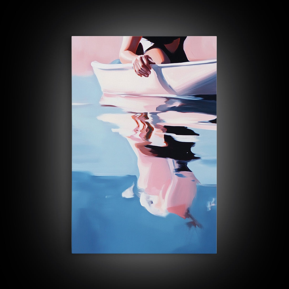 Woman on Water, Summer Reflections, Framed Canvas Print, Contemporary Minimalism, Relaxing Wall Decor, Coastal Home Accent
