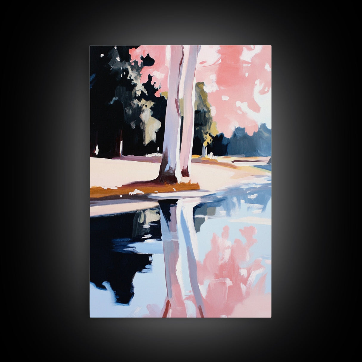 Water, Trees, Pink, Reflection, Framed Canvas Print, Dreamy Nature Artwork, Modern Home Decor, Bedroom Wall Art, Relaxing Lake Scene