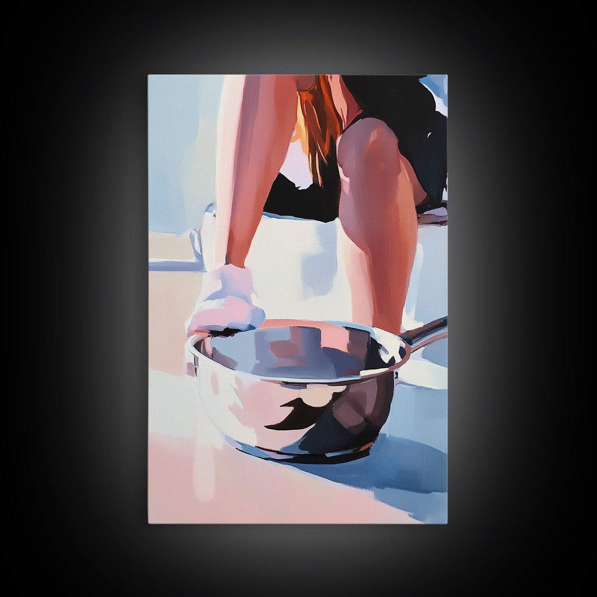 Cooking Scene, Pan Reflection, Modern Artwork, Canvas Print, Kitchen Wall Art, Minimalist Decor, Contemporary Art, Unique Aesthetic