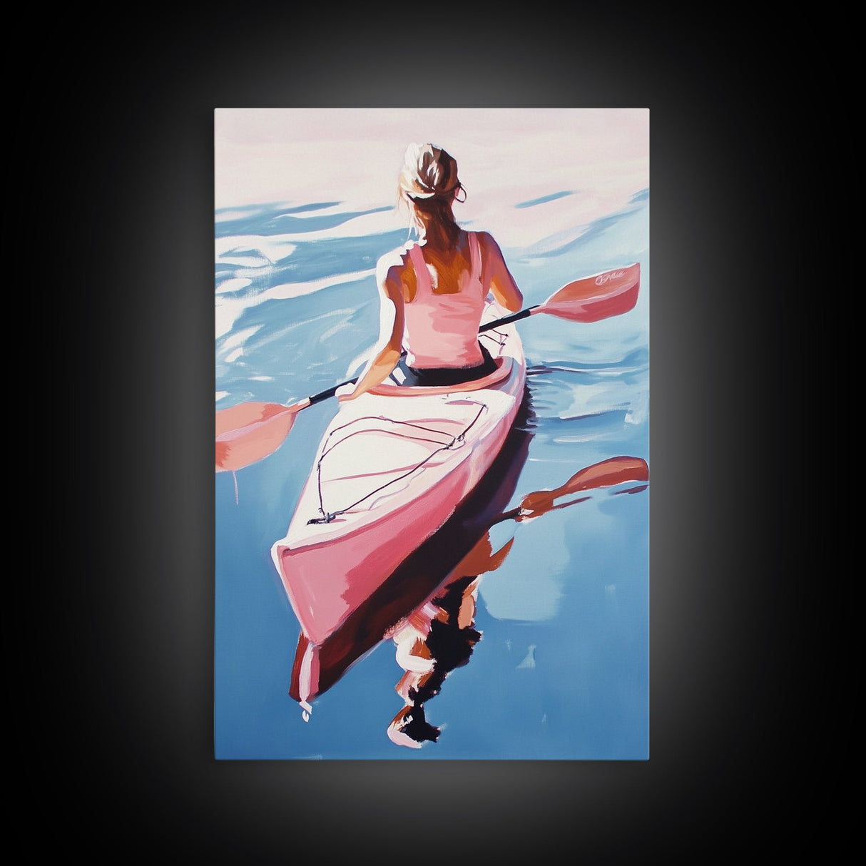 Kayak, Adventure, Water Sports Art, Boho Coastal Decor, Summer Vibes, Outdoor Enthusiast Gift, Blue and Pink Painting, Canvas Print