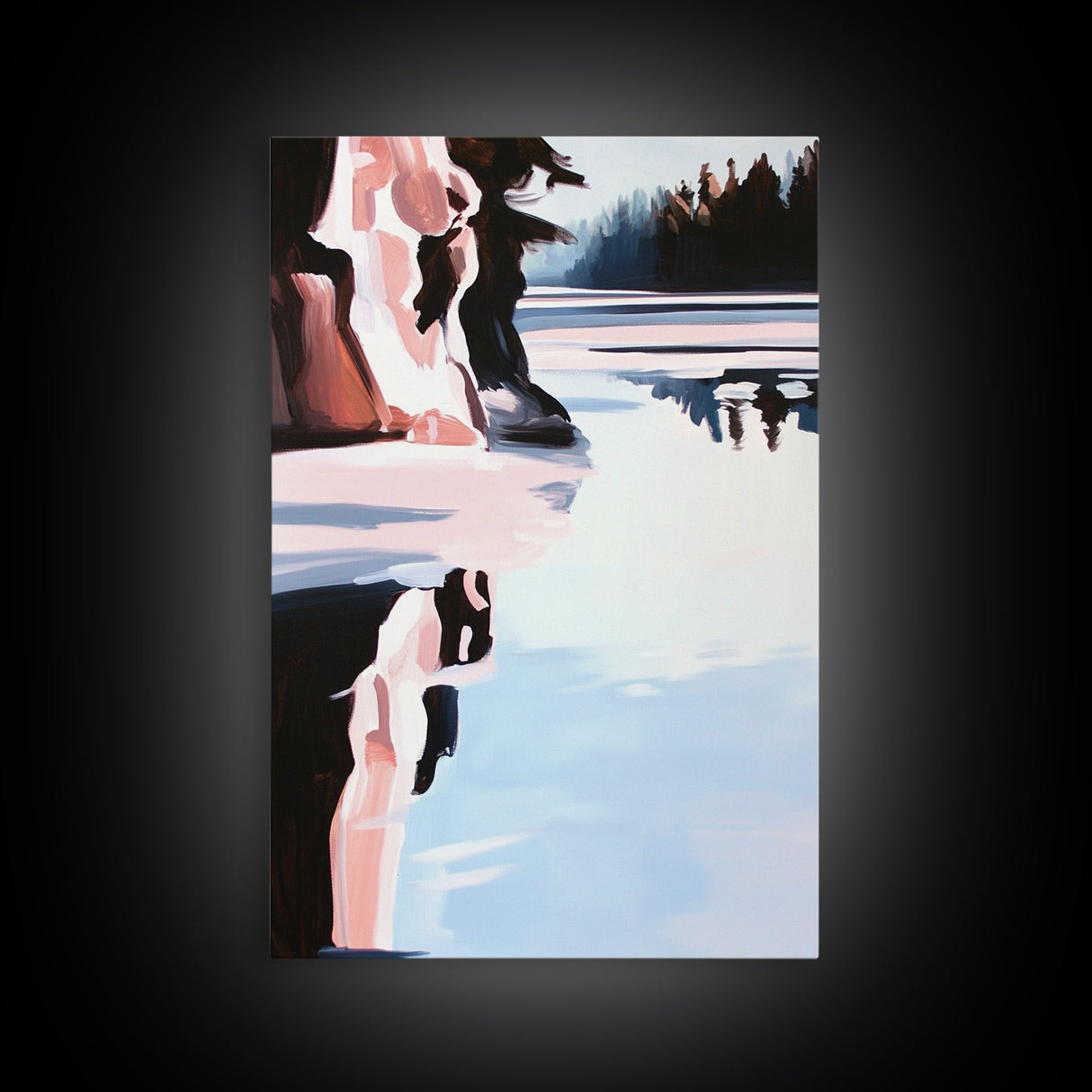 Winter Lake, Reflections, Moody Landscape, Nature Photography Style, Cool Tones, Wilderness Art, Cabin Decor, Framed Canvas Print