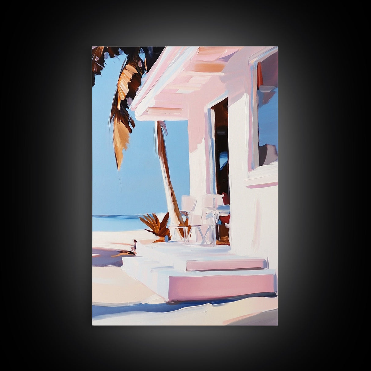 Tropical House, Palm Trees, Beach Art, Modern Coastal, Framed Canvas Print, Relaxing Home Decor, Minimalist Aesthetic, Summer Escape