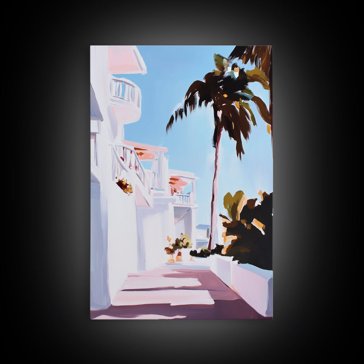 Tropical Balcony View, Palm Tree Painting, Coastal Boho Art, Framed Canvas Print, Mediterranean Aesthetic, Living Room Wall Art, Beach House Decor