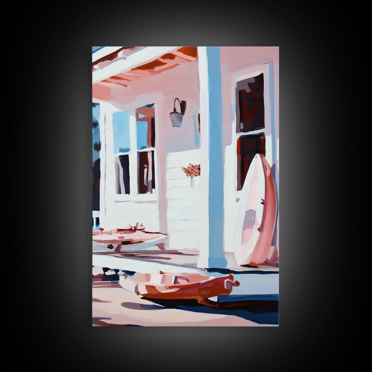 Coastal Cottage Porch, Beach House Art, Nautical Home Print, Framed Canvas Print, Serene Summer Aesthetic, Relaxing Living Room Wall Art