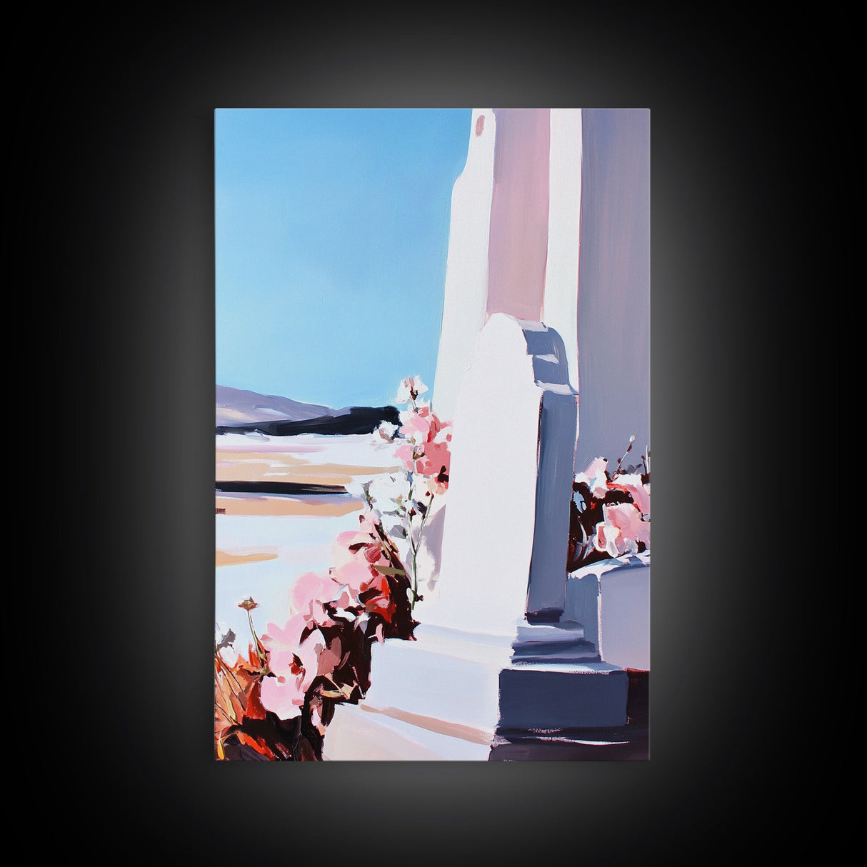 Tombstone, Cemetery, Memorial, Peaceful, Floral, Reflective, Serenity, Minimalist, Emotional, Blue Sky, Pastel, Canvas Print