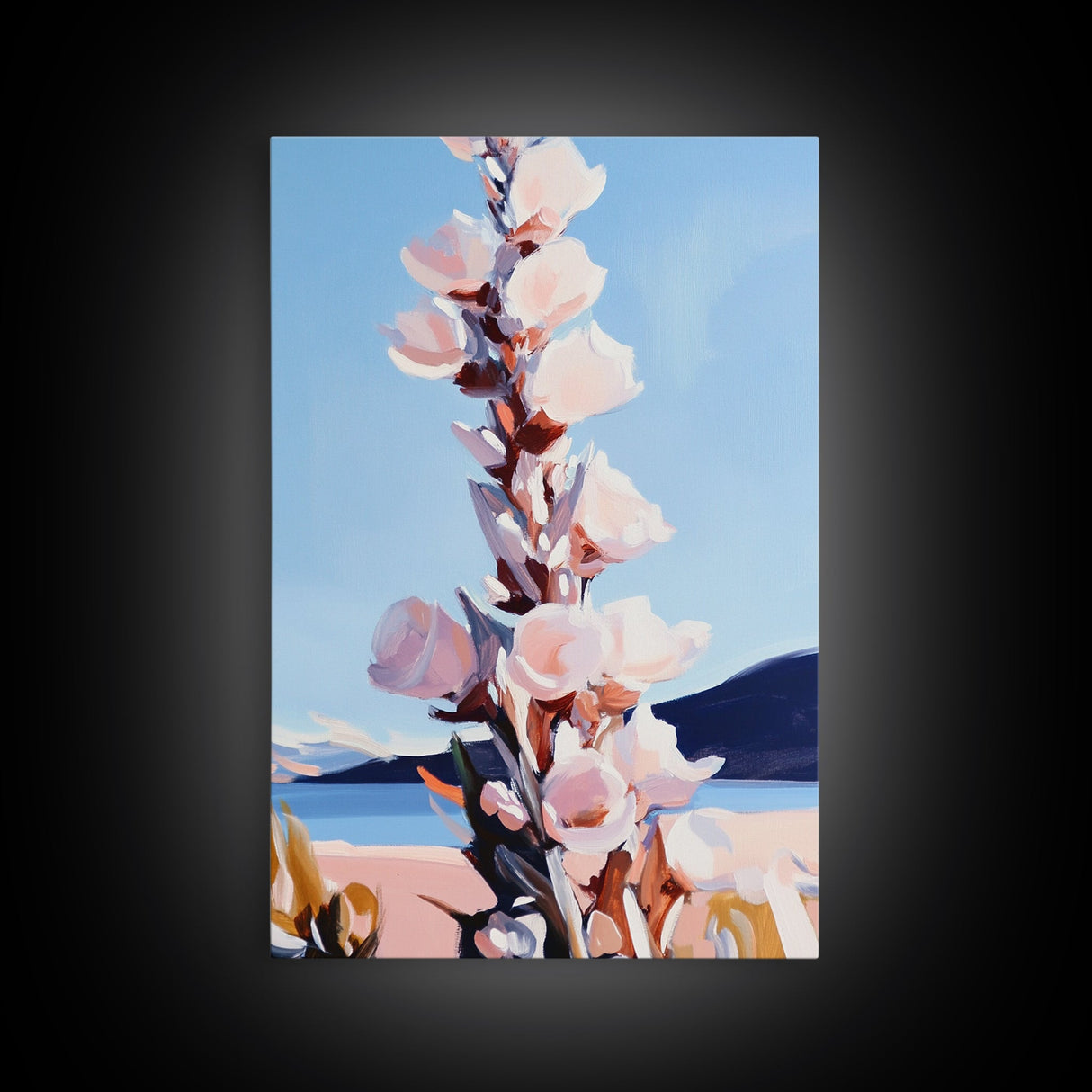 Wildflower Bloom, Pastel Floral Art, Nature Inspired, Tranquil Landscape, Soft Blue and Pink Hues, Framed Canvas Print, Entryway