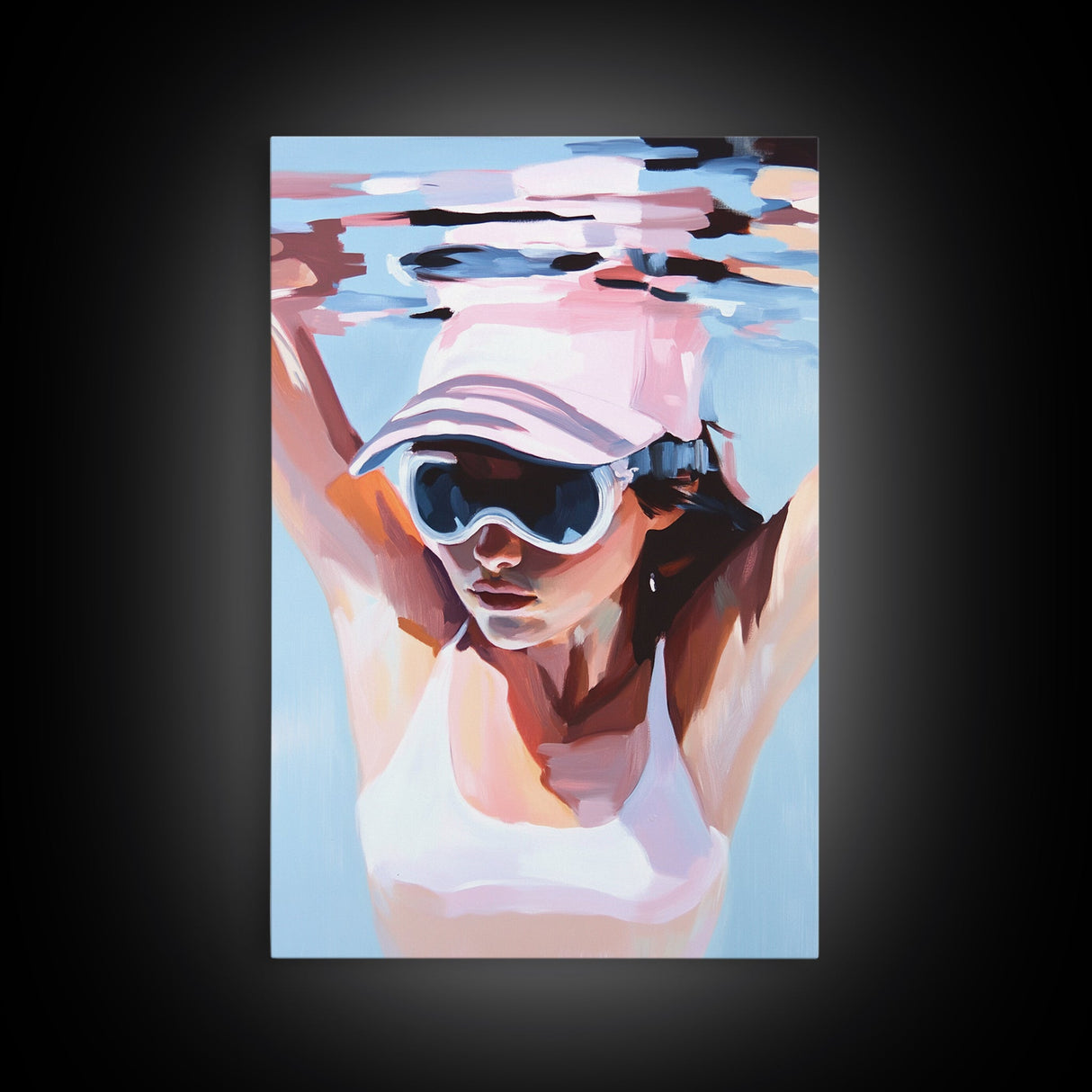 Woman swimming, Coastal Serenity Art, Framed Canvas Print, Modern Beach House Decor, Soft Pastel Seascape, Minimalist Landscape Painting