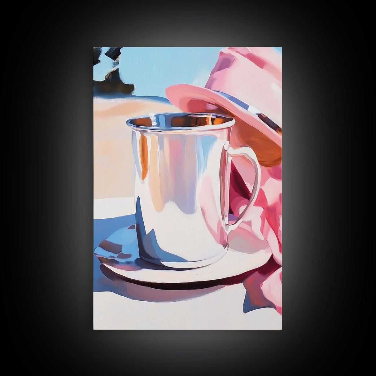 Silver Cup and Hat, Elegant Still Life, Minimalist Kitchen Decor, Soft Pastel, Modern Aesthetic, Canvas Print, Framed Canvas Print