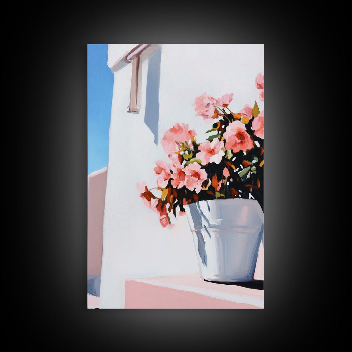 Mediterranean, Flower Pot, Canvas Print, Modern Minimalist Painting, Bright Floral Wall Decor, White and Pink Art, Kitchen Wall Art