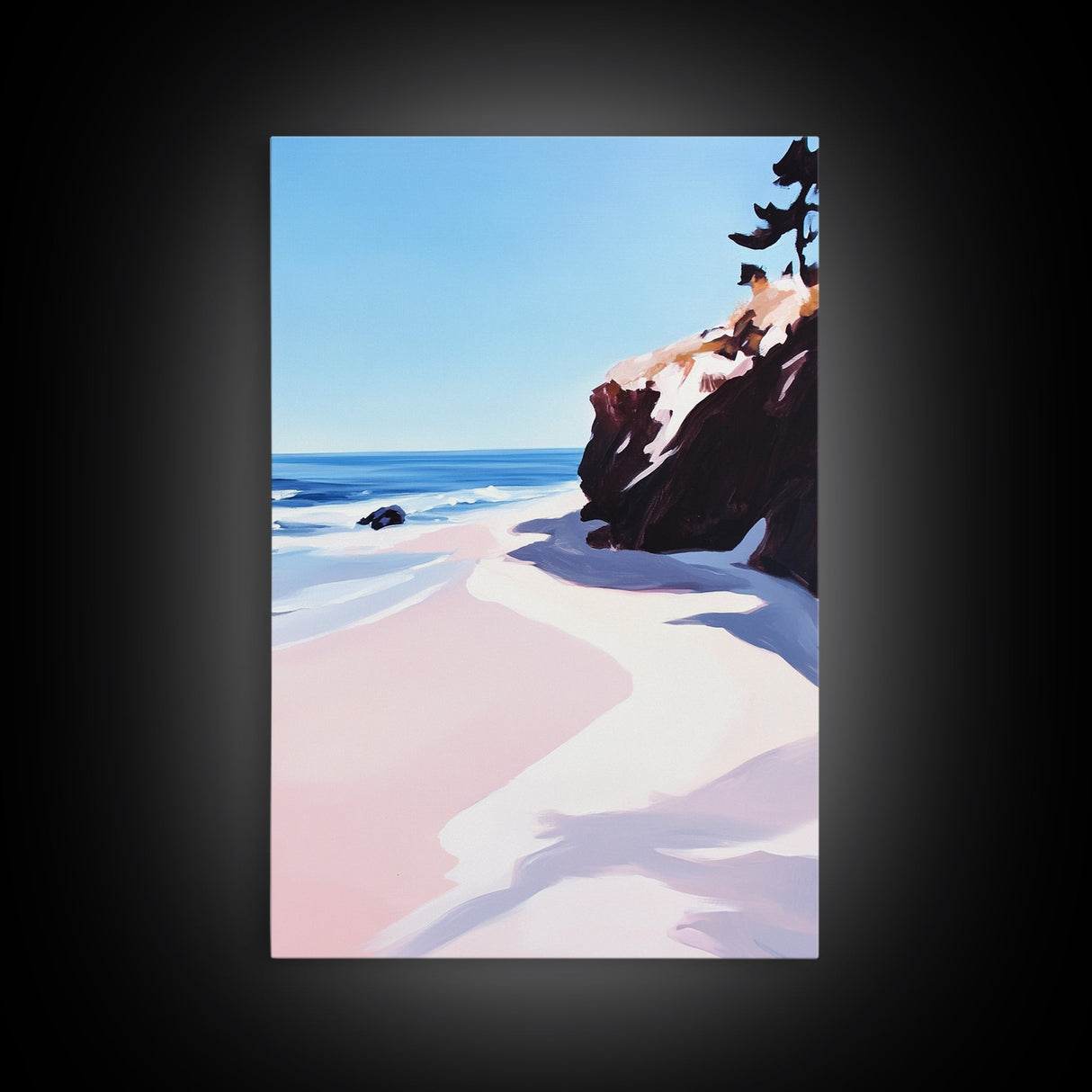 Beach View, Ocean Shore Art, Coastal Landscape Painting, Framed Canvas Print, Living Room Wall Art, Minimalist Seaside Decor