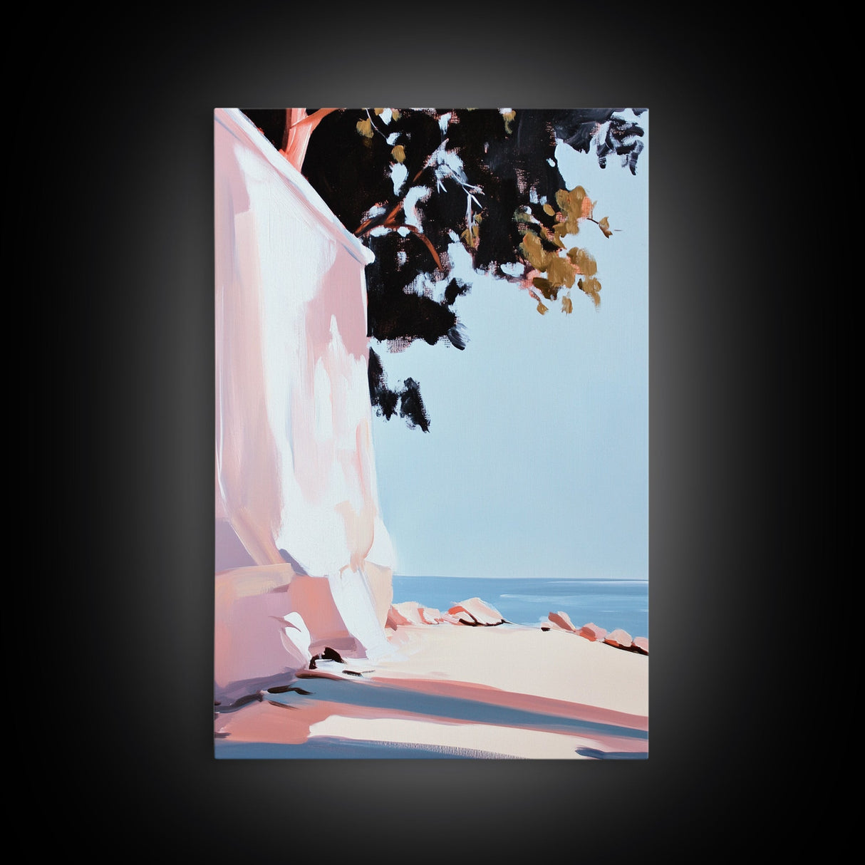 Seaside Shade, Coastal Rock Art, Oceanfront Painting, Framed Canvas Print, Minimalist Beach Decor, Tranquil Landscape Wall Art