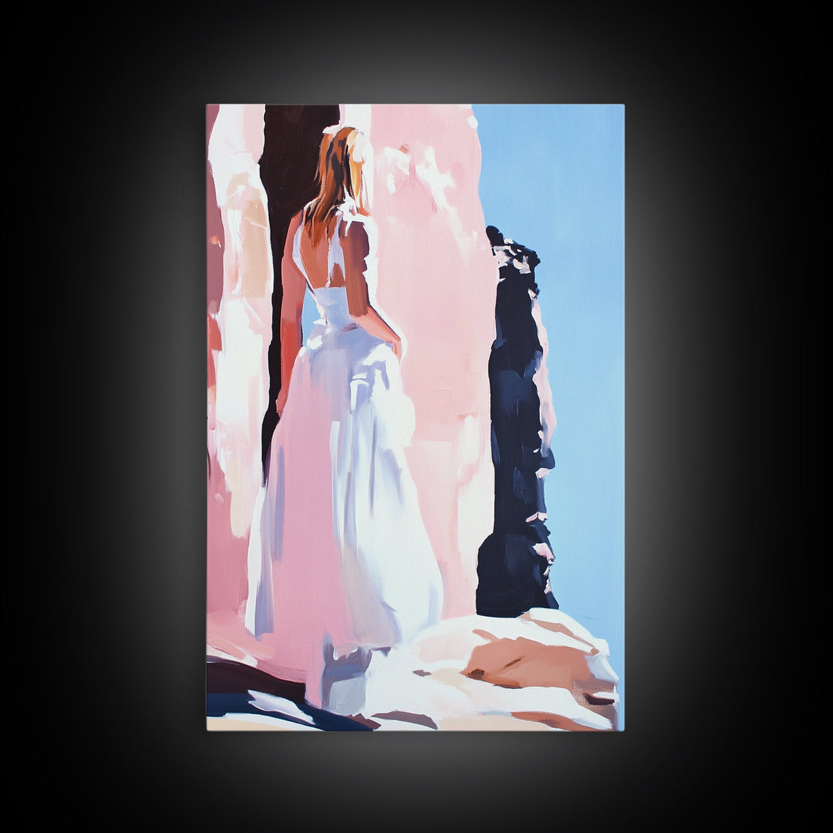 Woman, White Dress, Desert, Framed Canvas Print, Feminine Wall Art, Boho Aesthetic, Wanderlust Decor, Bedroom Wall Art, Travel Art