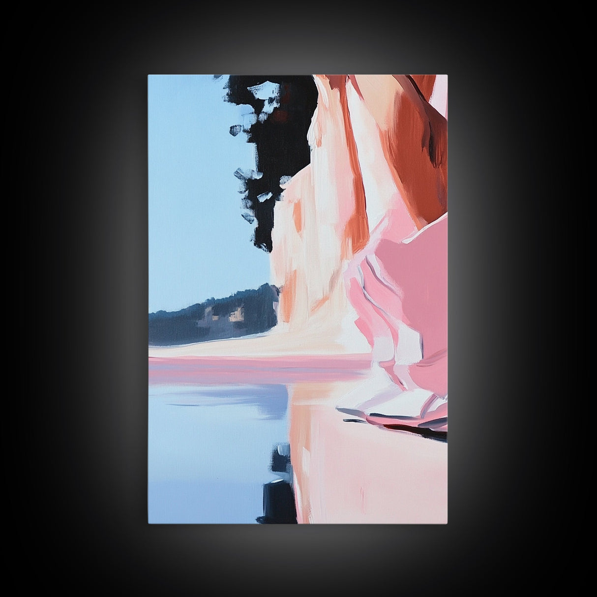 Lakeside Reflection, Calm Water Art, Serene Landscape, Pink and Blue Painting, Boho Minimalist Decor, Framed Canvas Print, Gift Idea