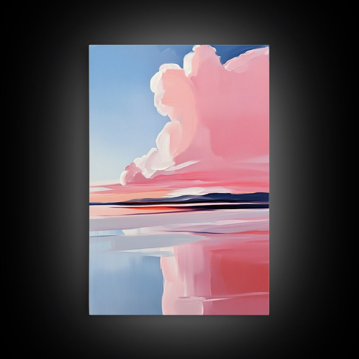 Lakeside Reflection, Calm Water Art, Serene Landscape, Pink and Blue Painting, Boho Minimalist Decor, Framed Canvas Print, Gift Idea