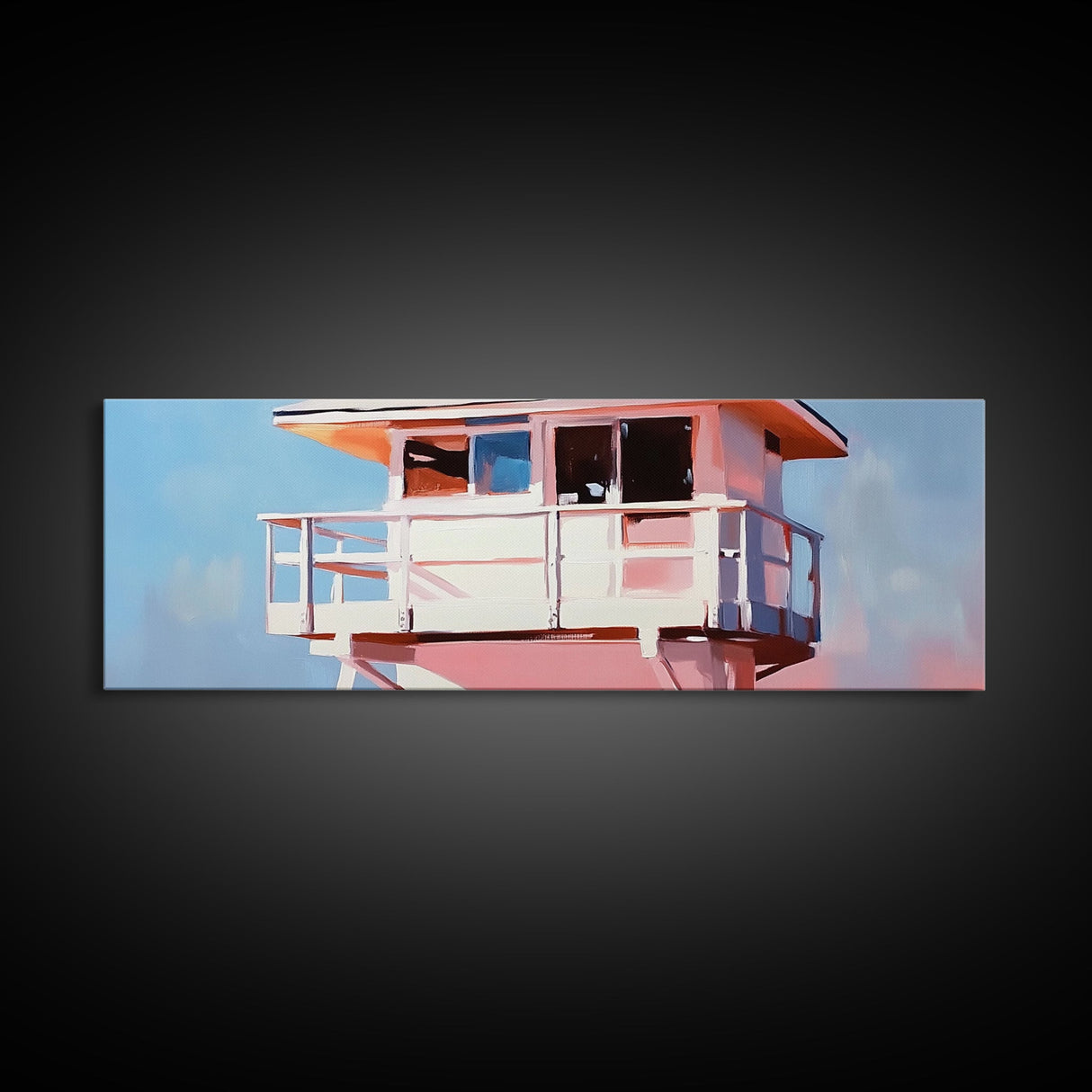 Lifeguard Tower, Ocean, Coastal, Framed Canvas Print, Beach House Decor, Nautical Wall Art, Minimalist Aesthetic, Blue and White Tones