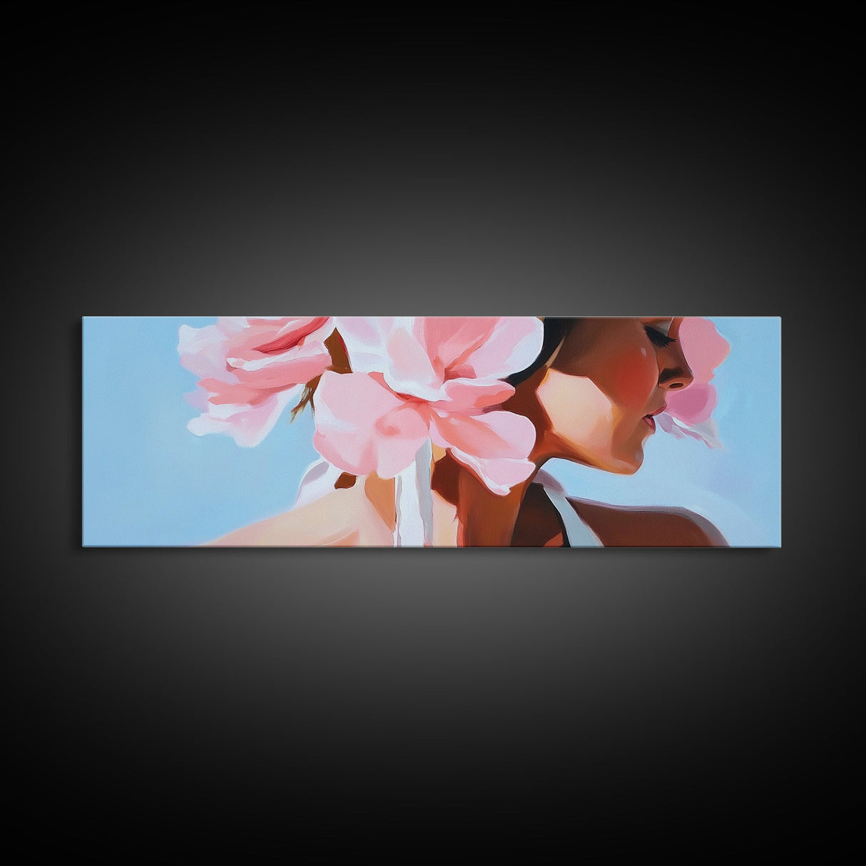 Floral Woman, Feminine Beauty, Elegant Portrait, Boho Canvas Print, Bedroom Wall Art, Modern Aesthetic, Pastel Pink Home Decor