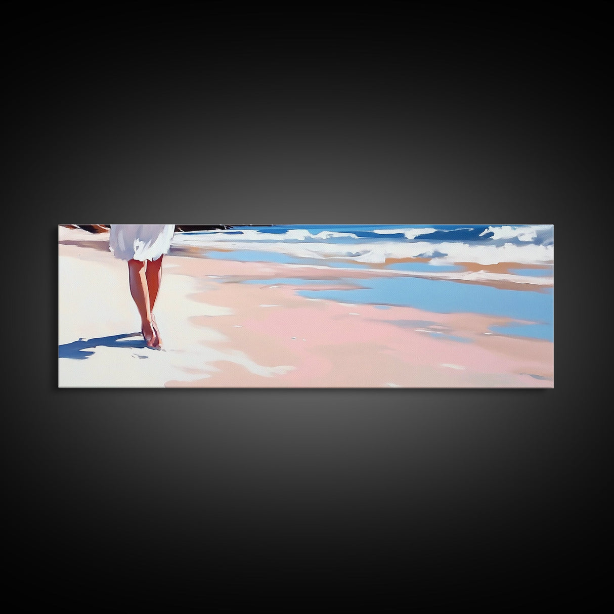Walking on Beach, Coastal Art, Ocean Painting, Minimalist Seascape, Pastel Sand Decor, Nautical Wall Print, Living Room Art, Canvas Print