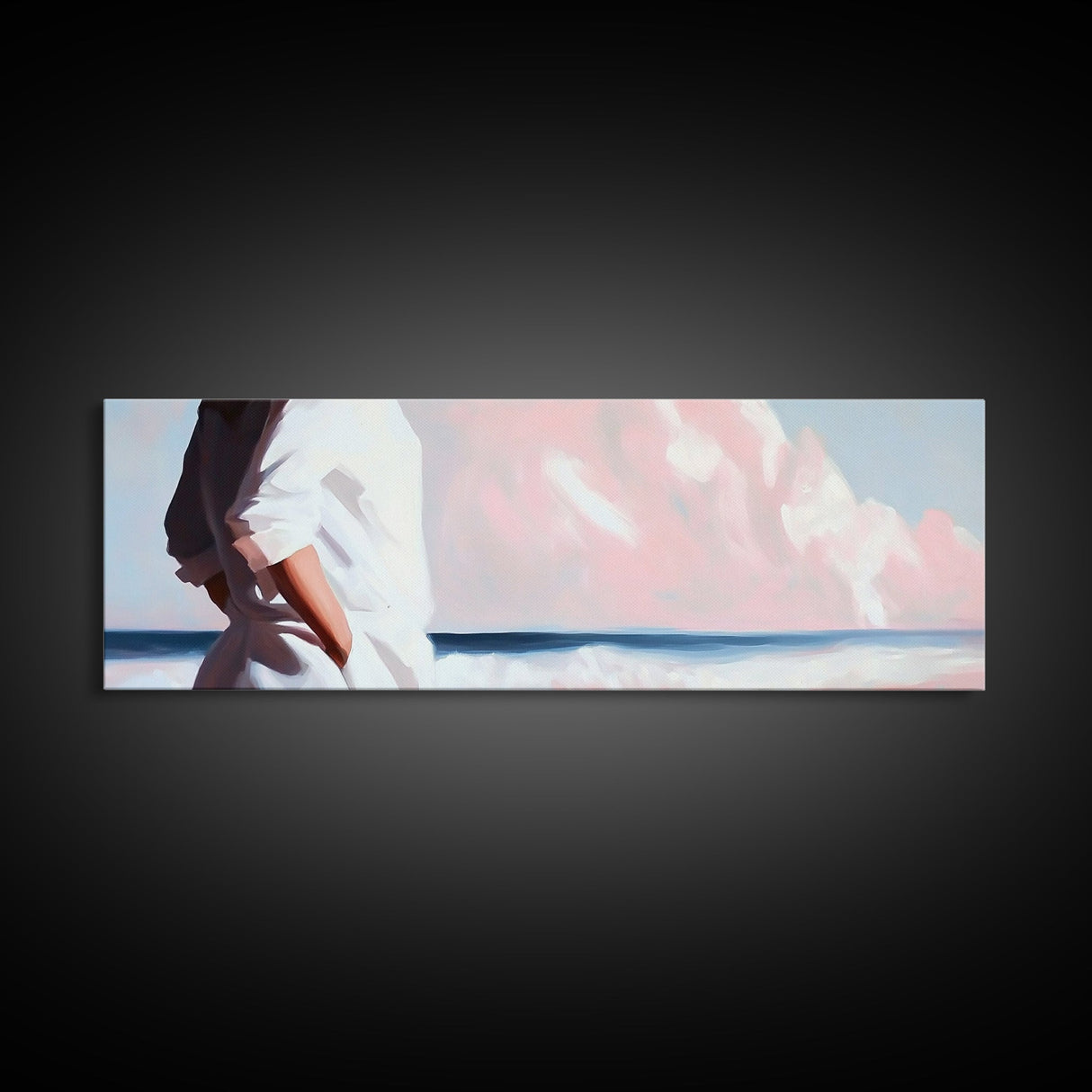 Beach Walk, Ocean Breeze, Pastel Sky, Dreamy Coastal Art, Soft Feminine Aesthetic, Framed Canvas Print, Bedroom Wall Art, Minimalist Decor