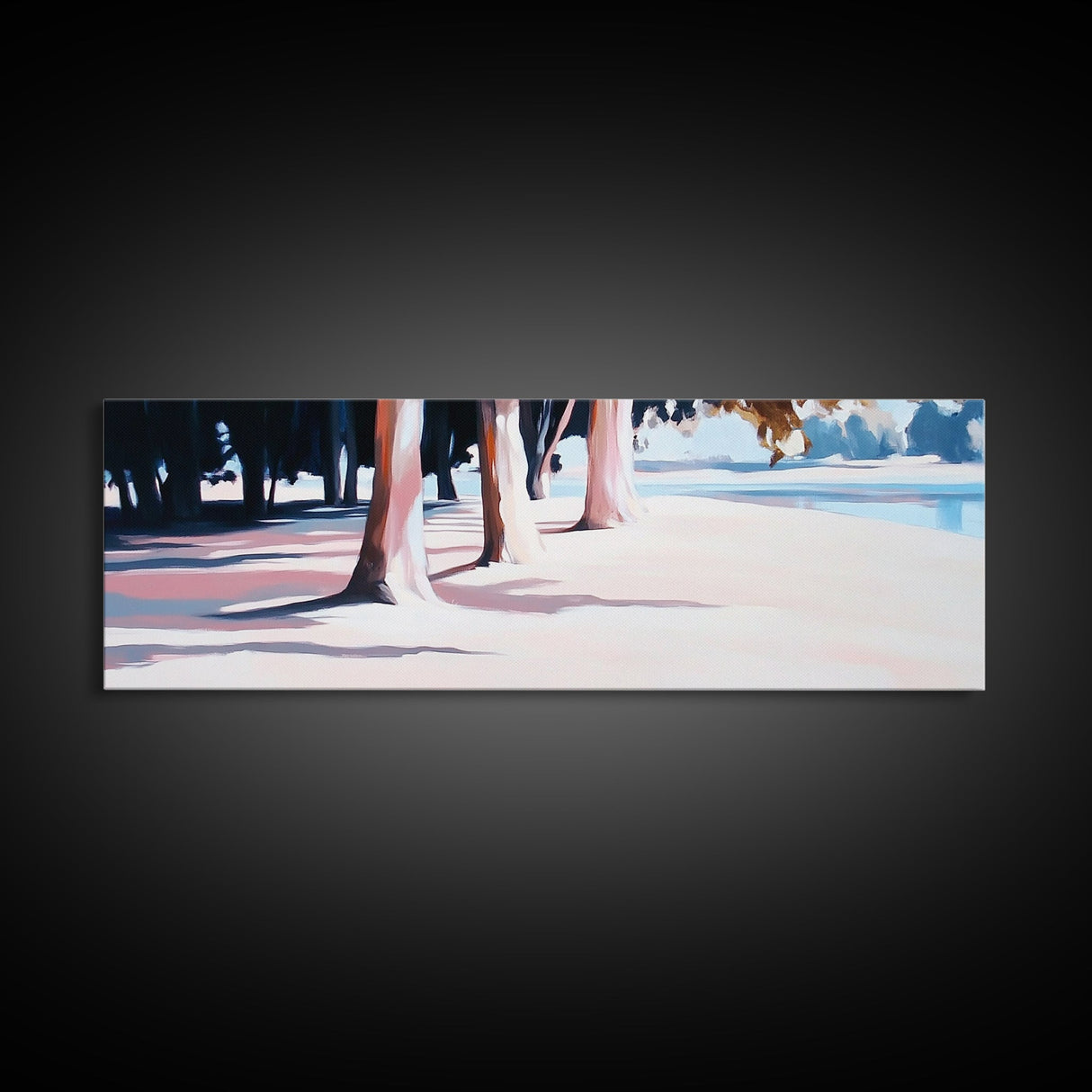 Beach Trees, Sunset Glow, Seaside Landscape, Coastal Art, Pastel Aesthetic, Framed Canvas Print, Living Room Art, Serene Escape