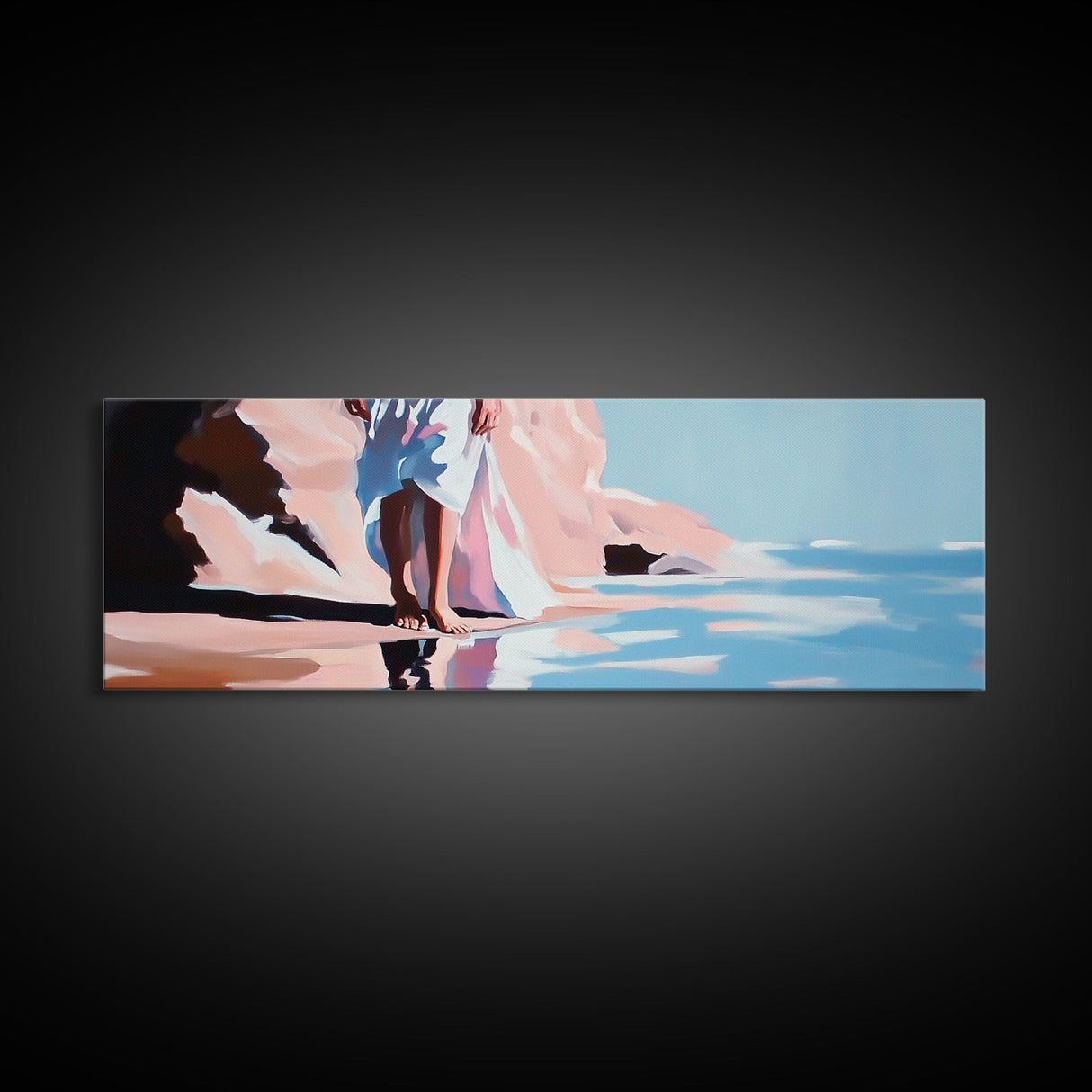 Woman Walking, Elegant Art, Coastal Chic, Bedroom Wall Art, Fashion Illustration, Soft Pastel Tones, Framed Canvas Print, Feminine Decor