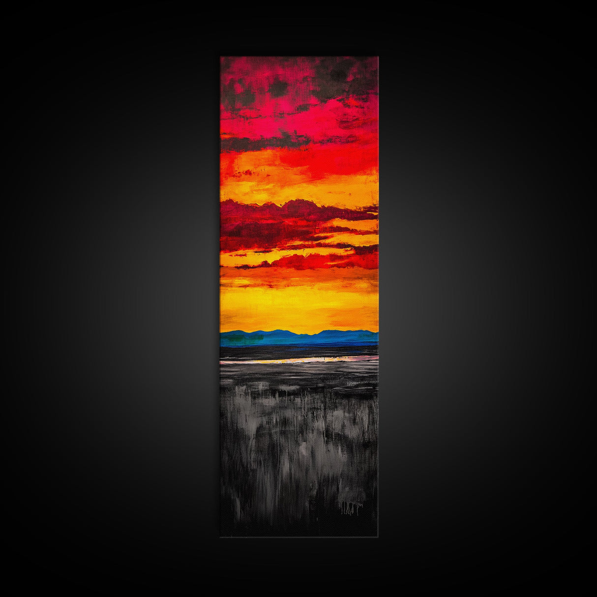 Fiery Sunset Painting, Dramatic Red Orange Sky, Bold Abstract Landscape, Framed Canvas Print, Modern Wall Decor, Living Room Art