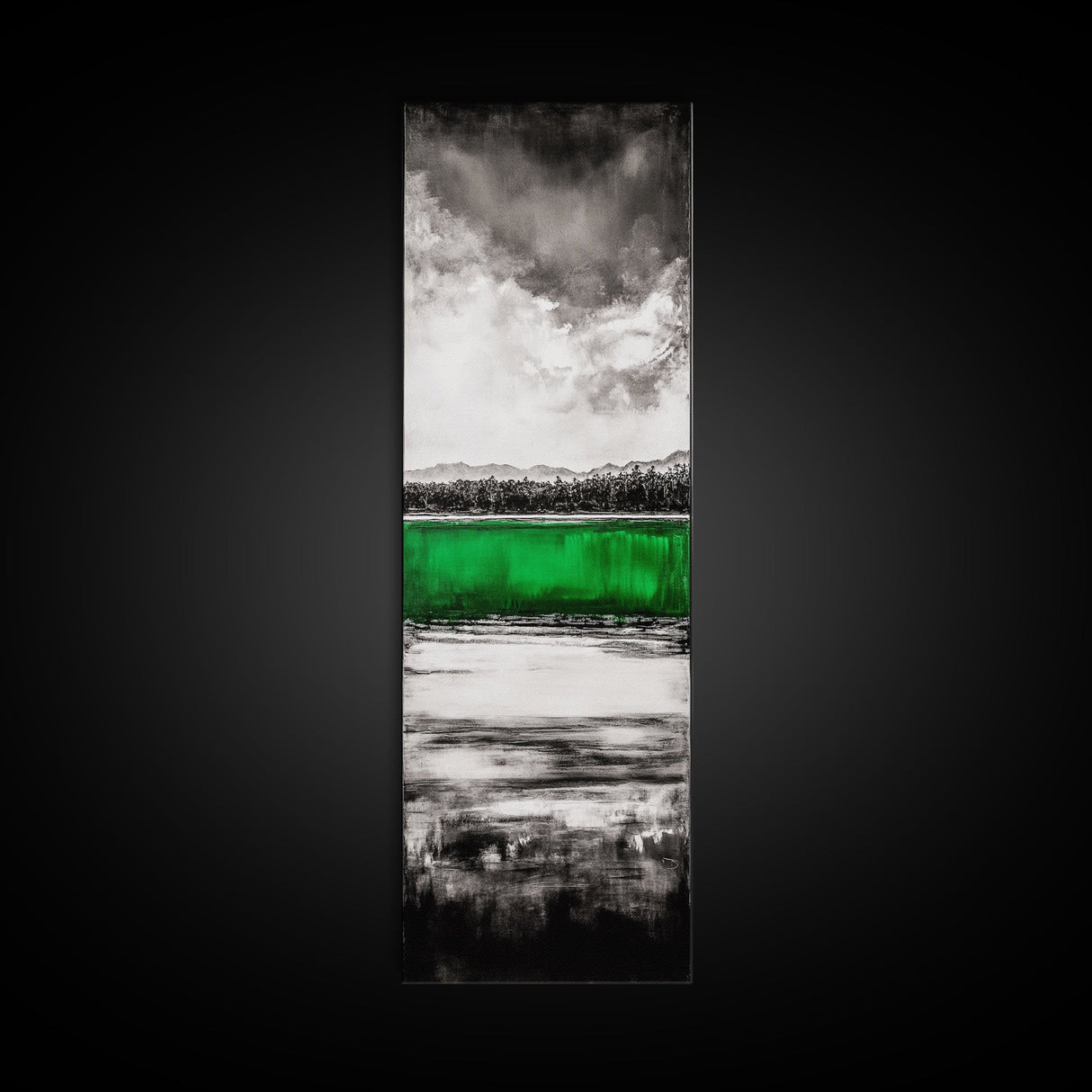 Green Lake, Moody Sky, Reflection, Framed Canvas Print, Minimalist Landscape, Monochrome Art, Office Decor, Nature Inspired Wall Art