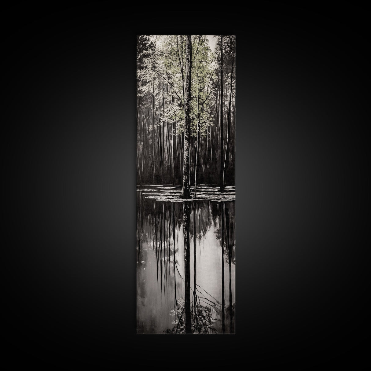 Reflective Trees, Monochrome Forest Painting, Minimalist Nature Art, Framed Canvas Print, Black and White Wall Art, Dining Room Decor