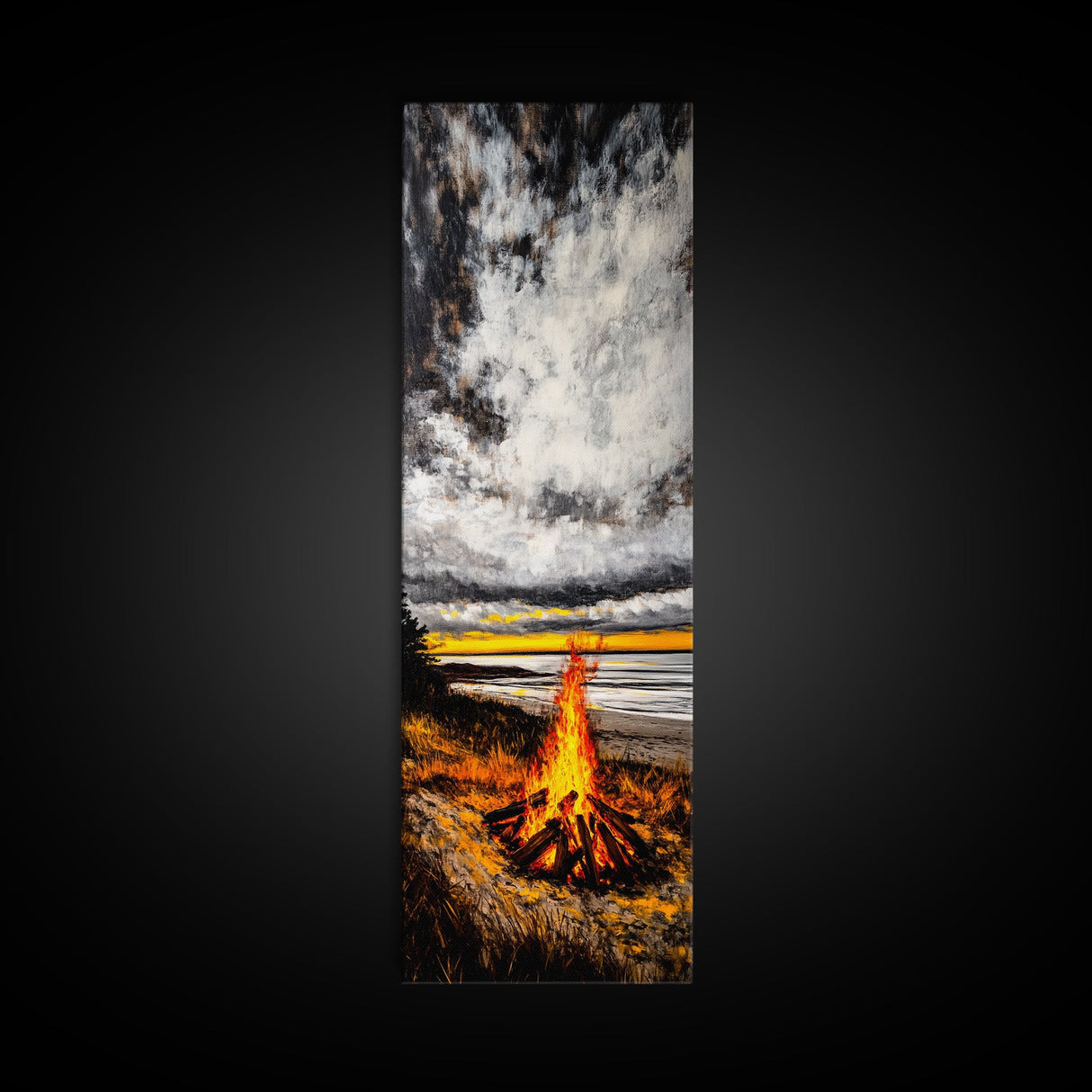 Beach Bonfire, Cozy Fire, Seaside Sunset, Framed Canvas Print, Coastal Home Decor, Relaxing Landscape, Rustic Living Room Wall Art