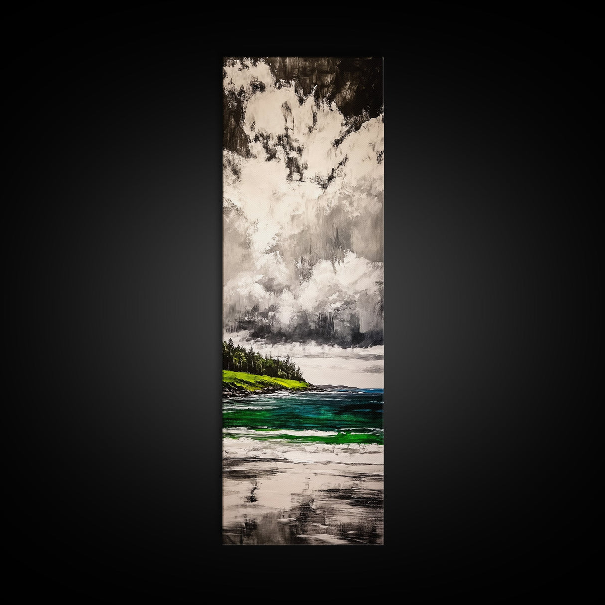 Emerald Waters, Coastal Horizon, Ocean Reflection, Vibrant Green Landscape, Modern Decor, Contemporary Beach House, Framed Canvas Print