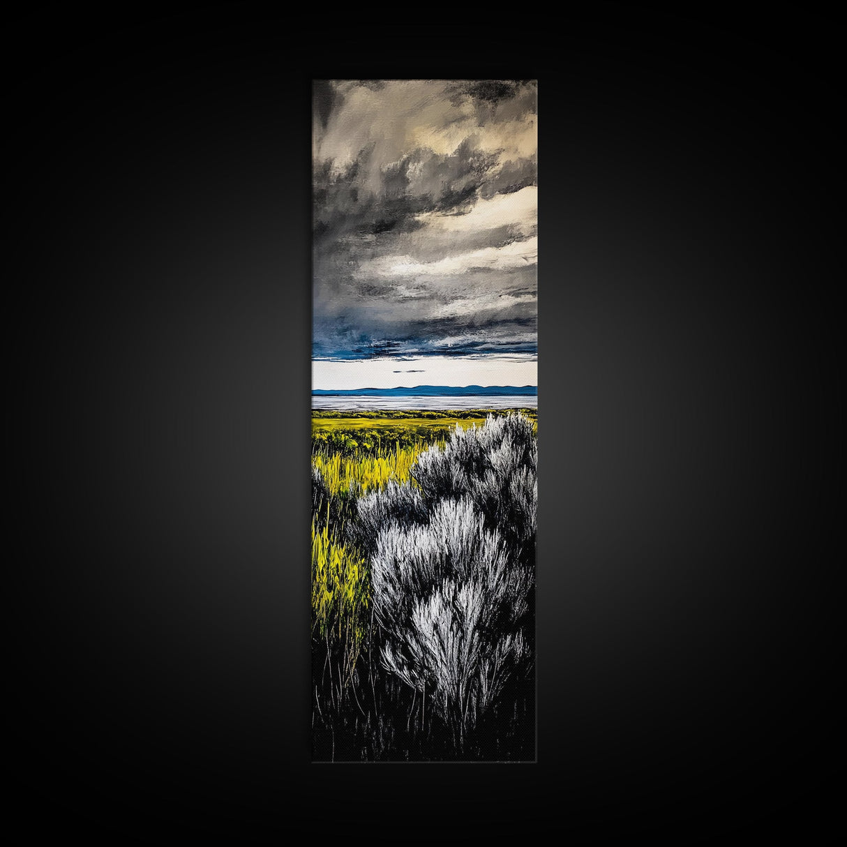 Stormy Landscape, Dramatic Sky Art, Moody Coastal Painting, Canvas Print, Nature Inspired Art, Dark Blue Wall Decor, Living Room Art